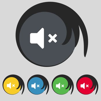 Mute speaker , Sound icon sign. Symbol on five colored buttons. illustration