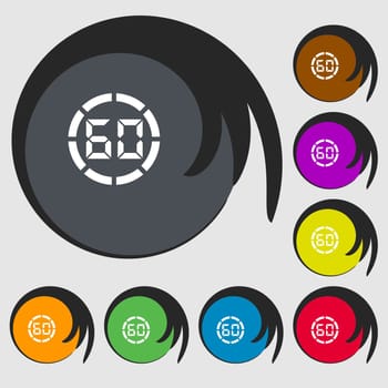 60 second stopwatch icon sign. Symbols on eight colored buttons. illustration