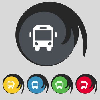 Bus icon sign. Symbol on five colored buttons. illustration