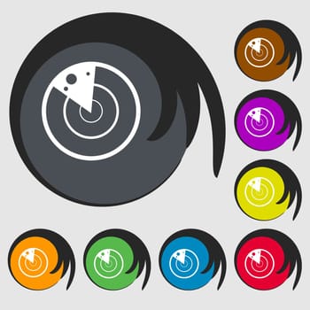 radar icon sign. Symbols on eight colored buttons. illustration
