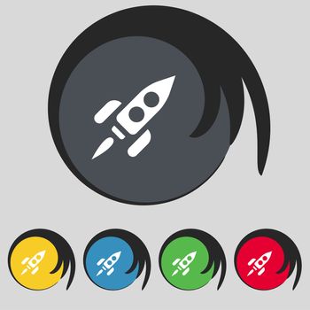 Rocket icon sign. Symbol on five colored buttons. illustration