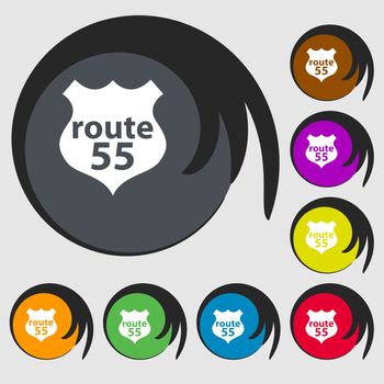 Route 55 highway icon sign. Symbols on eight colored buttons. illustration