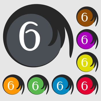 number six icon sign. Symbols on eight colored buttons. illustration