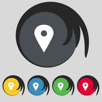 Map pointer, GPS location icon sign. Symbol on five colored buttons. illustration