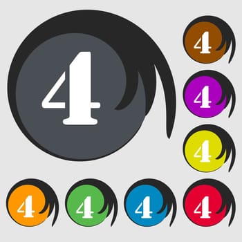number four icon sign. Symbols on eight colored buttons. illustration