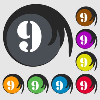 number Nine icon sign. Symbols on eight colored buttons. illustration