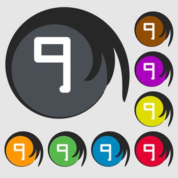 number Nine icon sign. Symbols on eight colored buttons. illustration