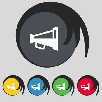 Megaphone soon, Loudspeaker icon sign. Symbol on five colored buttons. illustration