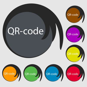 Qr code sign icon. Scan code symbol. Symbols on eight colored buttons. illustration