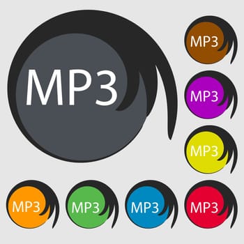 Mp3 music format sign icon. Musical symbol. Symbols on eight colored buttons. illustration
