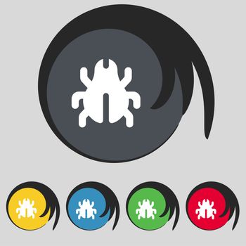 Software Bug, Virus, Disinfection, beetle icon sign. Symbol on five colored buttons. illustration