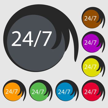Service and support for customers. 24 hours a day and 7 days a week icon. Symbols on eight colored buttons. illustration