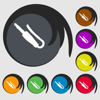 plug, mini jack icon sign. Symbol on eight colored buttons. illustration