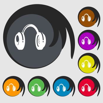 headsets icon sign. Symbol on eight colored buttons. illustration