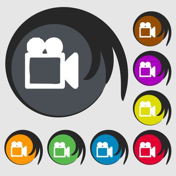 camcorder icon sign. Symbol on eight colored buttons. illustration