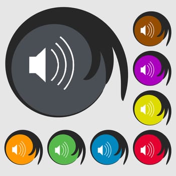 volume, sound icon sign. Symbol on eight colored buttons. illustration