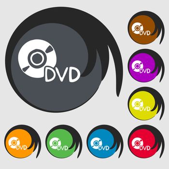 dvd icon sign. Symbol on eight colored buttons. illustration