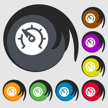 speed, speedometer icon sign. Symbol on eight colored buttons. illustration