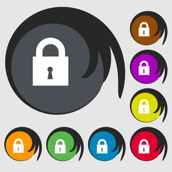 closed lock icon sign. Symbol on eight colored buttons. illustration