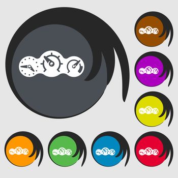 speed, speedometer icon sign. Symbol on eight colored buttons. illustration