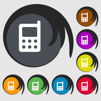 mobile phone icon sign. Symbol on eight colored buttons. illustration