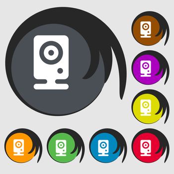 Web cam icon sign. Symbol on eight colored buttons. illustration