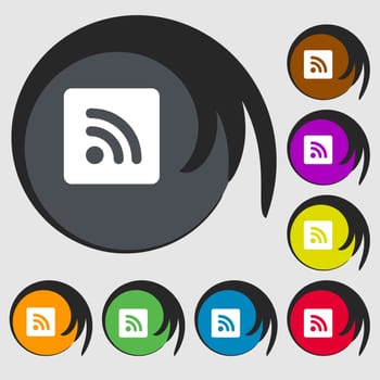 RSS feed icon sign. Symbol on eight colored buttons. illustration
