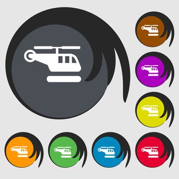 helicopter icon sign. Symbol on eight colored buttons. illustration