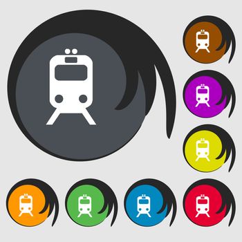 train icon sign. Symbol on eight colored buttons. illustration