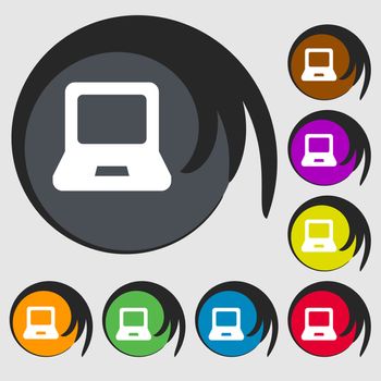 Laptop icon sign. Symbol on eight colored buttons. illustration