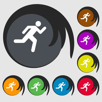 running man icon sign. Symbol on eight colored buttons. illustration