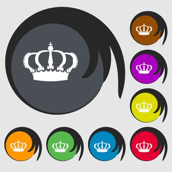 Crown icon sign. Symbol on eight colored buttons. illustration