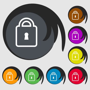 Lock icon sign. Symbol on eight colored buttons. illustration