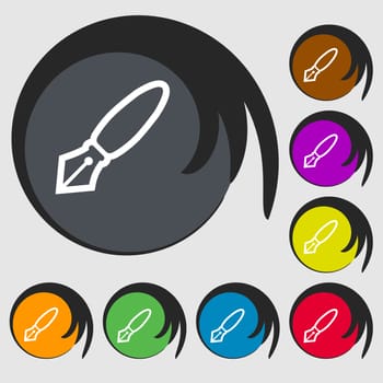 Pen icon sign. Symbol on eight colored buttons. illustration