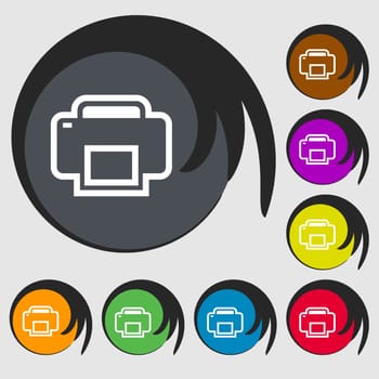 Printing icon sign. Symbol on eight colored buttons. illustration