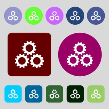 Cog settings sign icon. Cogwheel gear mechanism symbol.12 colored buttons. Flat design. illustration