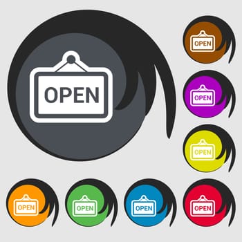 open icon sign. Symbol on eight colored buttons. illustration