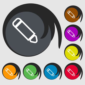 Pen icon sign. Symbol on eight colored buttons. illustration