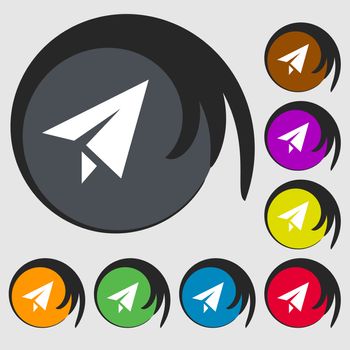 Paper airplane icon sign. Symbol on eight colored buttons. illustration