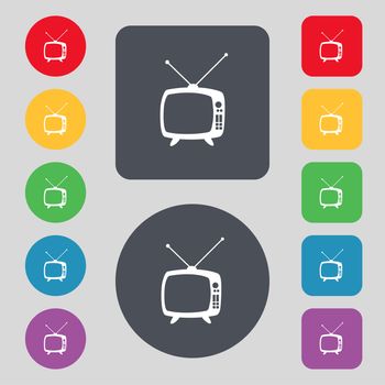 Retro TV mode sign icon. Television set symbol. Set colourful buttons. Hand cursor pointer illustration