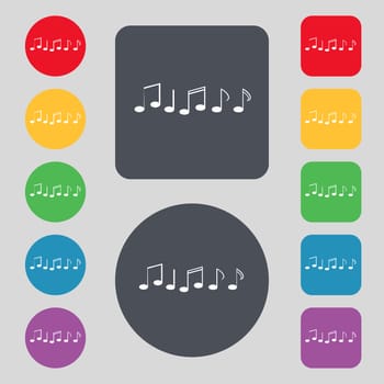 Music note sign icon. Musical symbol. Set colourful buttons. illustration