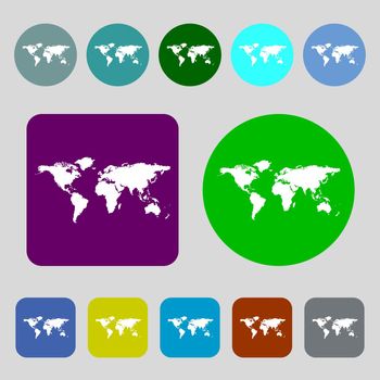 Globe sign icon. World map geography symbol.12 colored buttons. Flat design. illustration