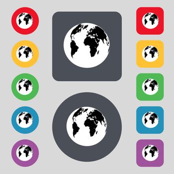 Globe sign icon. World map geography symbol. Set colourful buttons. illustration