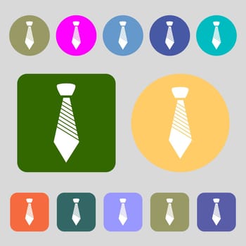 Tie sign icon. Business clothes symbol.12 colored buttons. Flat design. illustration