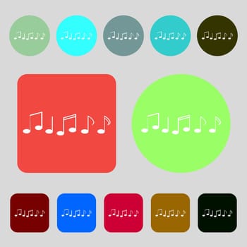 Music note sign icon. Musical symbol.12 colored buttons. Flat design. illustration