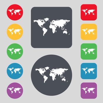 Globe sign icon. World map geography symbol. Set colourful buttons. illustration