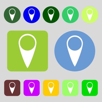 Map pointer icon. GPS location symbol.12 colored buttons. Flat design. illustration