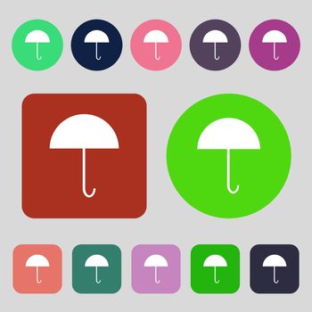 Umbrella sign icon. Rain protection symbol.12 colored buttons. Flat design. illustration