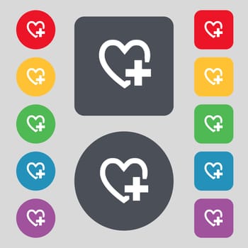 Medical heart sign icon. Cross symbol. Set colourful buttons. illustration