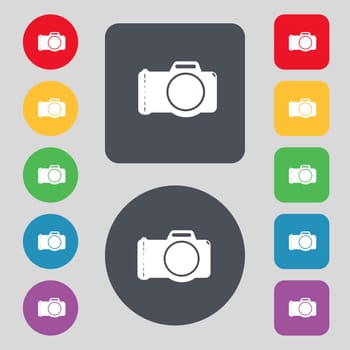 Photo camera sign icon. Digital symbol. Set colourful buttons. illustration